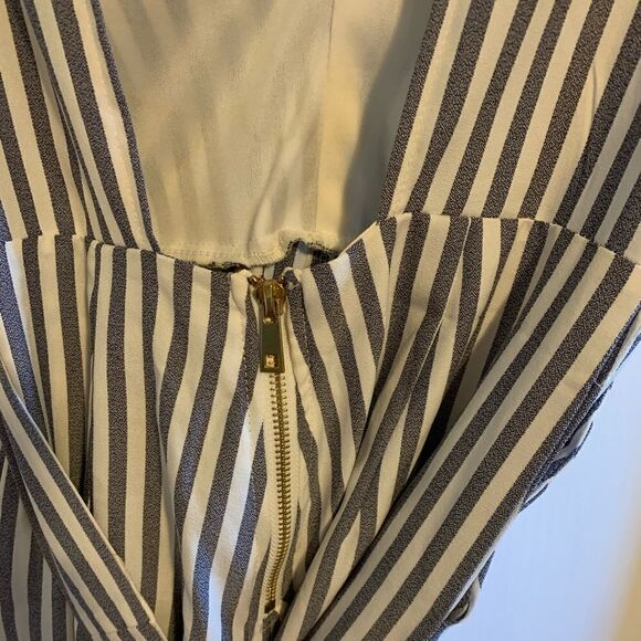 Blue and white striped low cut ruffle jumpsuit - Picture 7 of 9